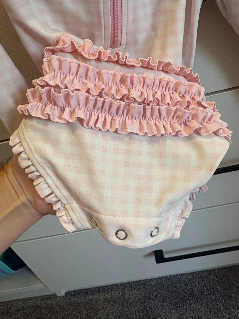 Rufflebutt Long Sleeve Pink Gingham Rash Guard Swimsuit
